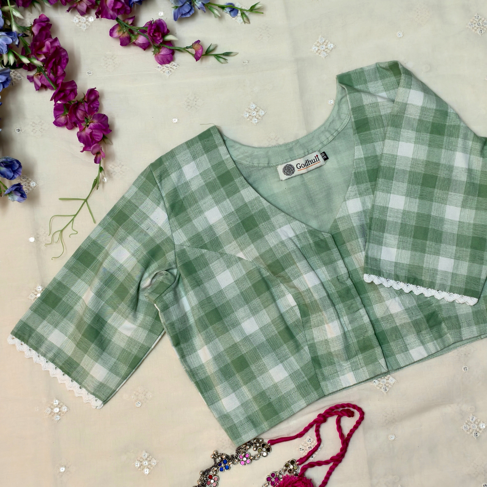 Olive green and white Checks Readymade Blouse | Godhuli