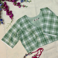 Olive green and white Checks Readymade Blouse | Godhuli