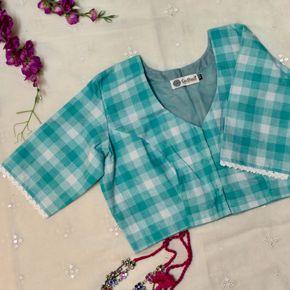 Buy Turquoise Blue and white checks Blouse | Godhuli