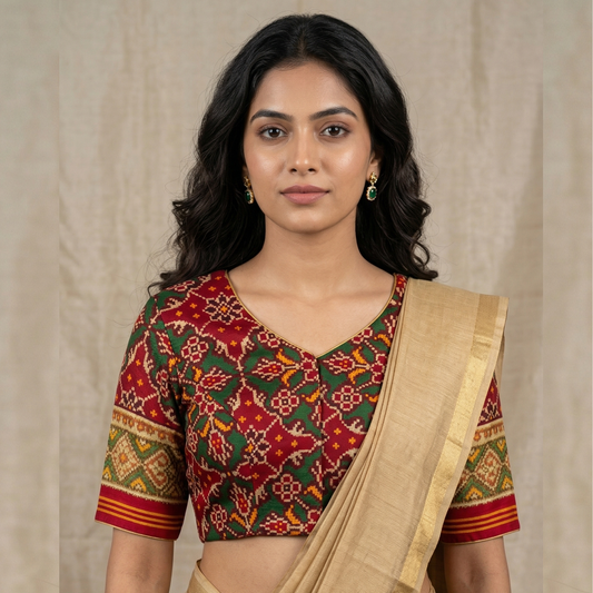 Red Green Yellow Navratan Design Patola Readymade Blouse | Godhuli