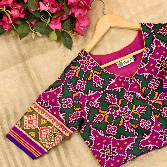 Readymade Rani Green Navratan Design Patola Blouse | Godhuli