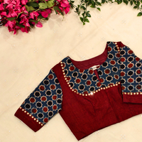 Marron Indigo Mughal Print Ajrakh Mirrorwork Readymade Blouse | Godhuli
