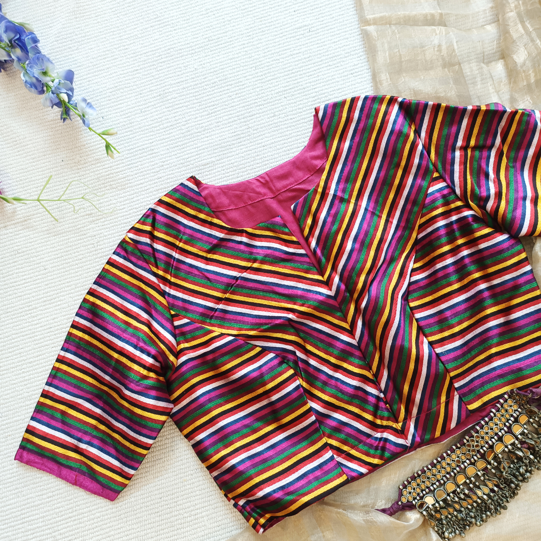 Buy Magenta Green Yellow Stripes Multicoloured Gaji Silk Blouse | Godhuli