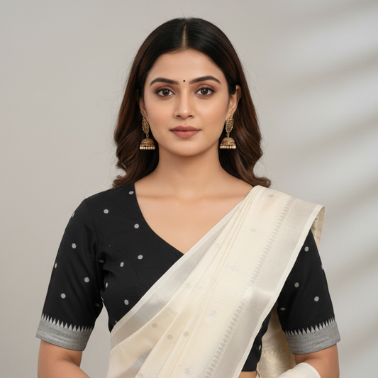 Black Jacquard Dot Readymade Blouse | Godhuli