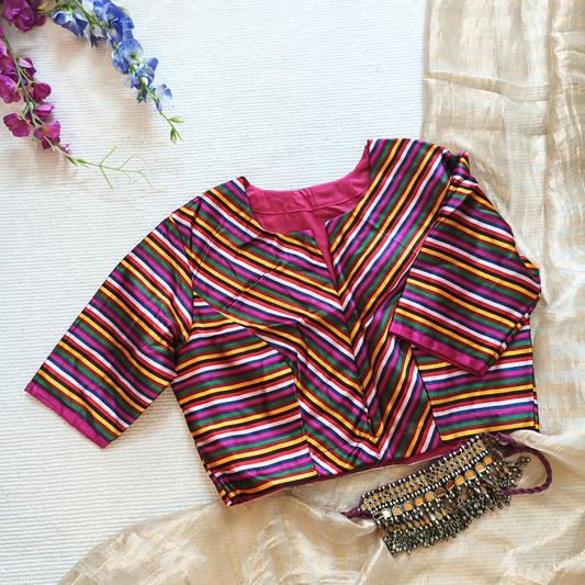 Magenta Green Yellow Stripes Multicoloured Gaji Silk Blouse