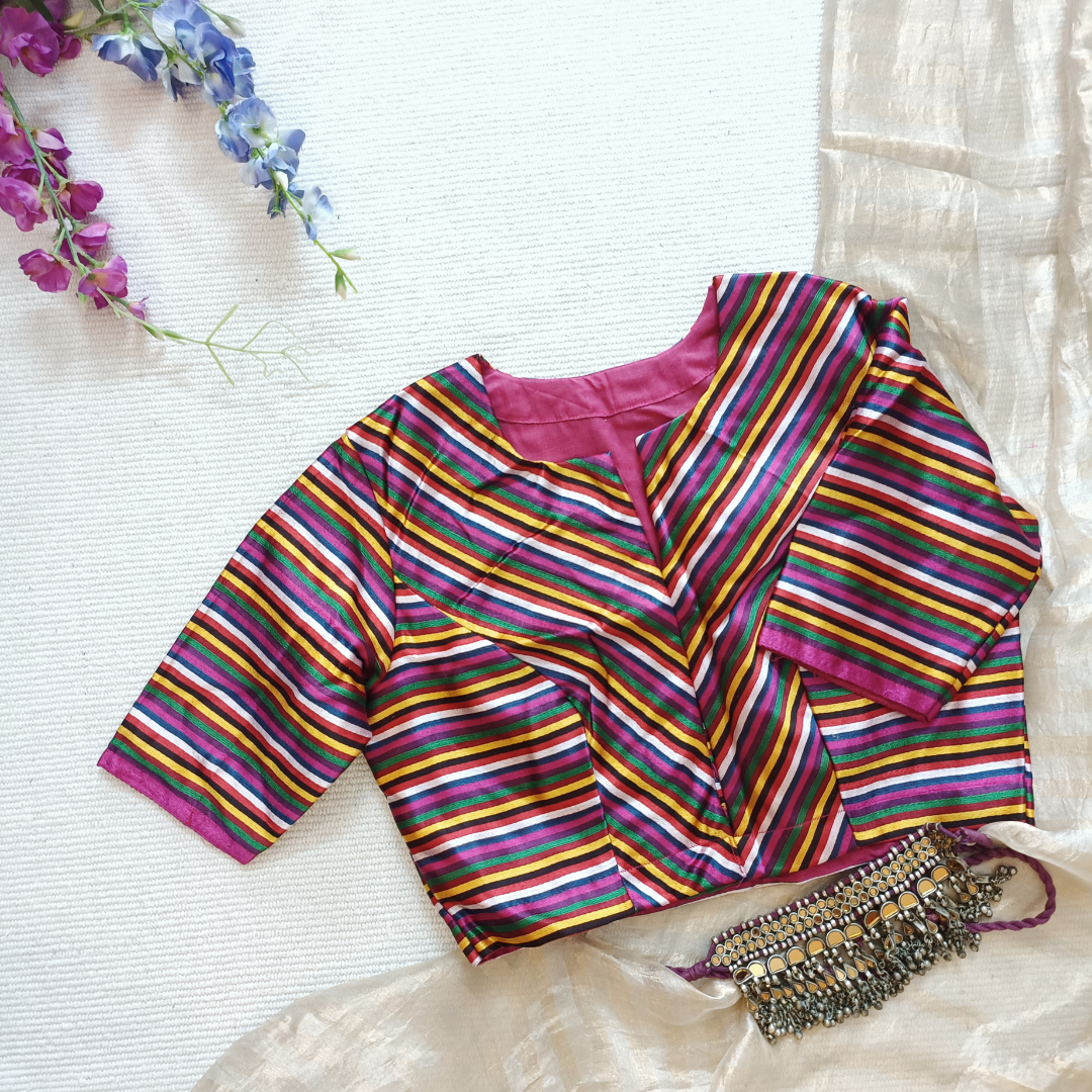 Buy Magenta Green Yellow Stripes Multicoloured Gaji Silk Blouse | Godhuli