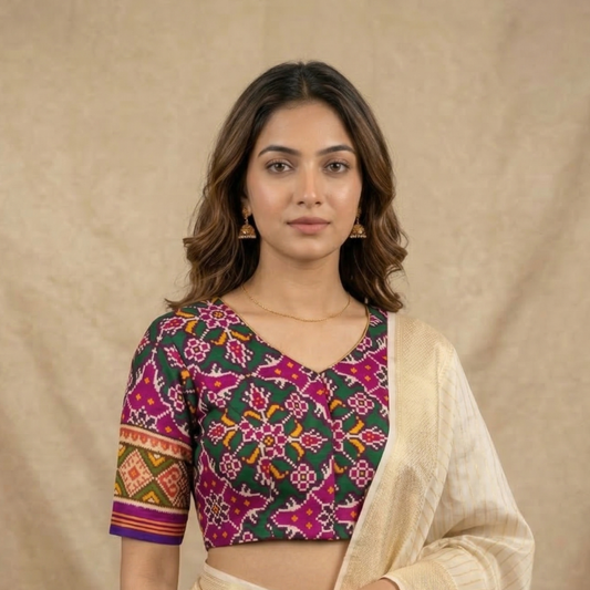 Rani Green Navratan Design Patola Readymade Blouse | Godhuli