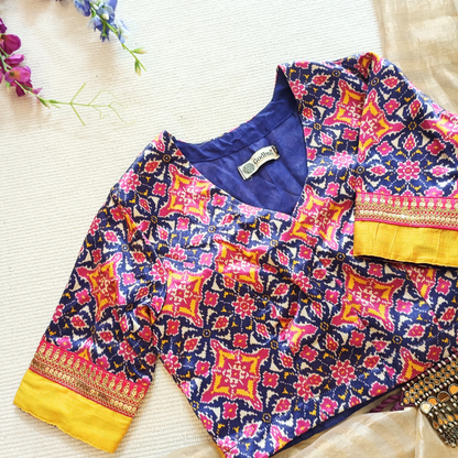 Blue Magenta Yellow Gaji Silk Patola Blouse