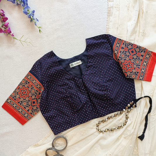 Buy Navy blue Orange Dotted Gamathi Blouse | Godhuli