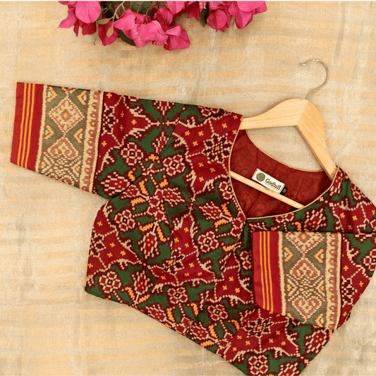 Readymade Red Green Yellow Navratan Design Patola Blouse | Godhuli
