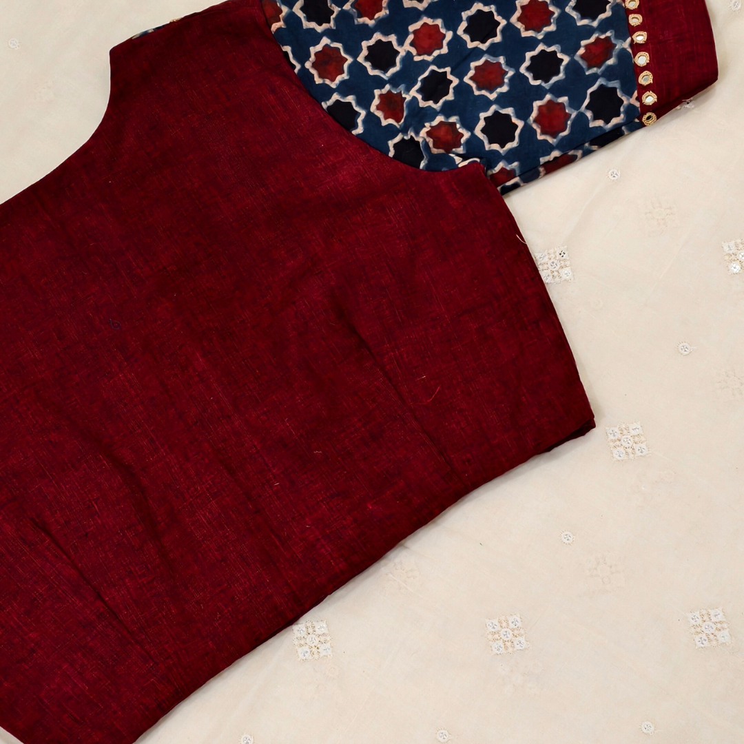 Buy Marron Indigo Mughal Print Ajrakh Mirrorwork Blouse | Godhuli