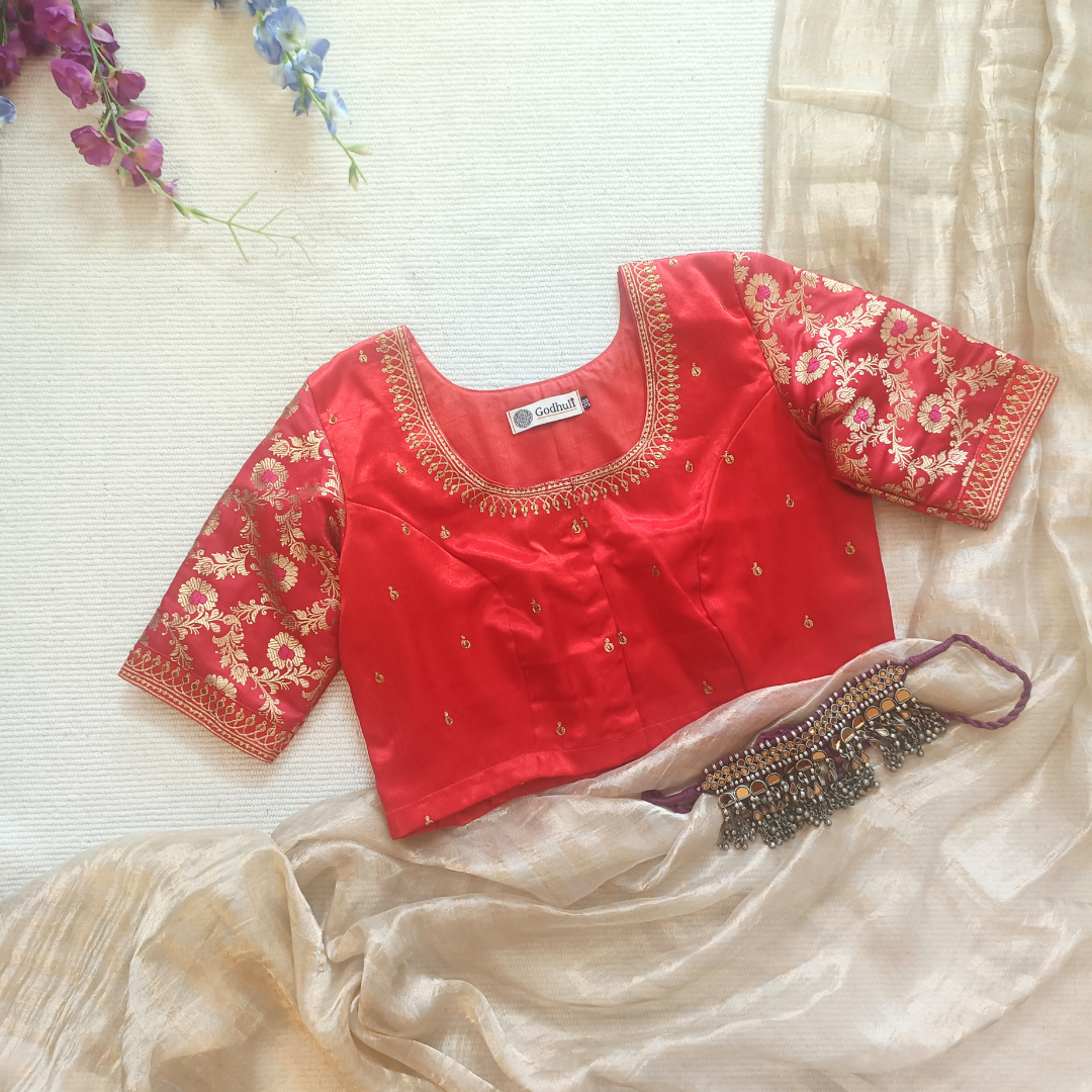 Red Gaji Silk Brocade Sleeves Aari Work Blouse