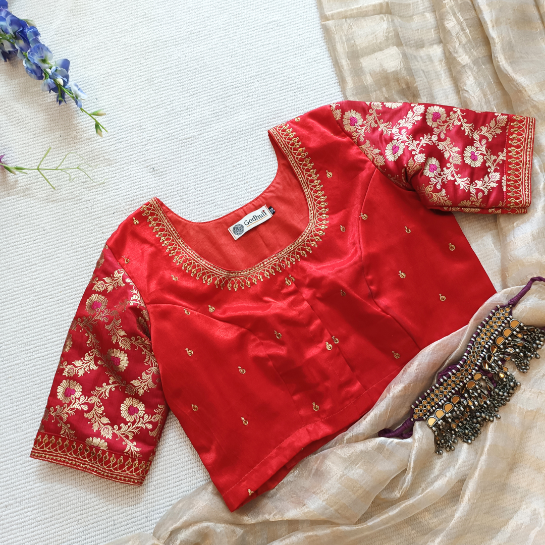 Red Gaji Silk Brocade Sleeves Aari Work Blouse