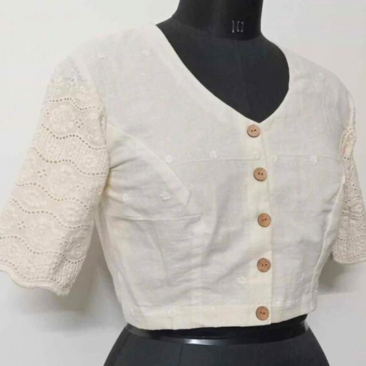 Ivory Embroidered Blouse with Cutwork Sleeves