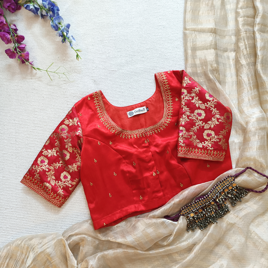 Red Gaji Silk Brocade Sleeves Aari Work Blouse