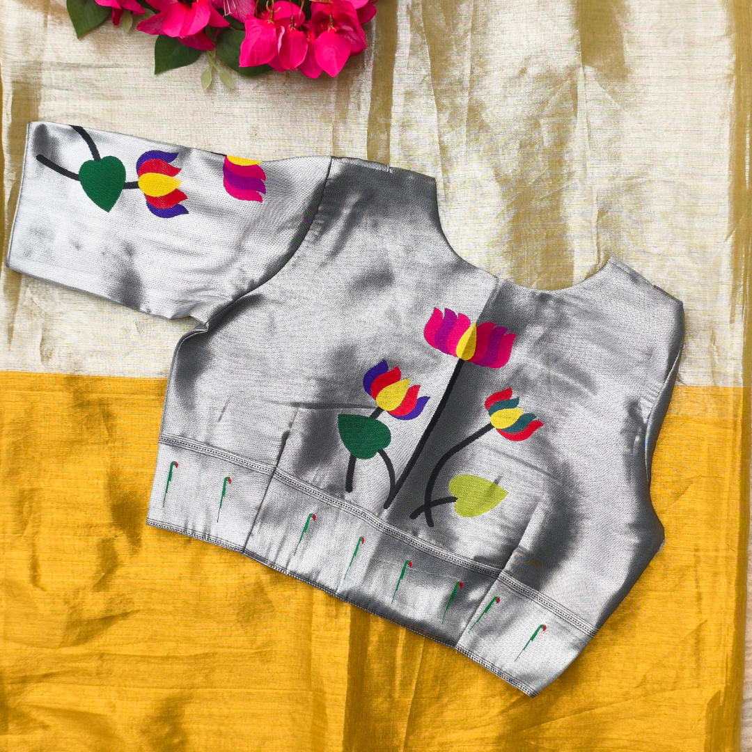 Silver Grey Lotus Paithani Readymade Blouse | Godhuli