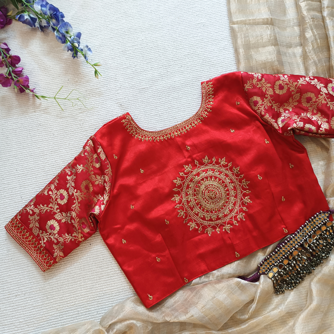 Red Gaji Silk Brocade Sleeves Aari Work Blouse