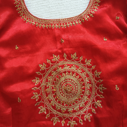 Red Gaji Silk Brocade Sleeves Aari Work Blouse