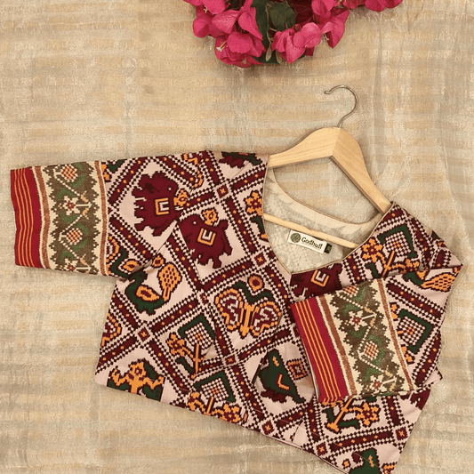 Readymade Beige Maroon Nari Kunjar Patola Design Blouse | Godhuli