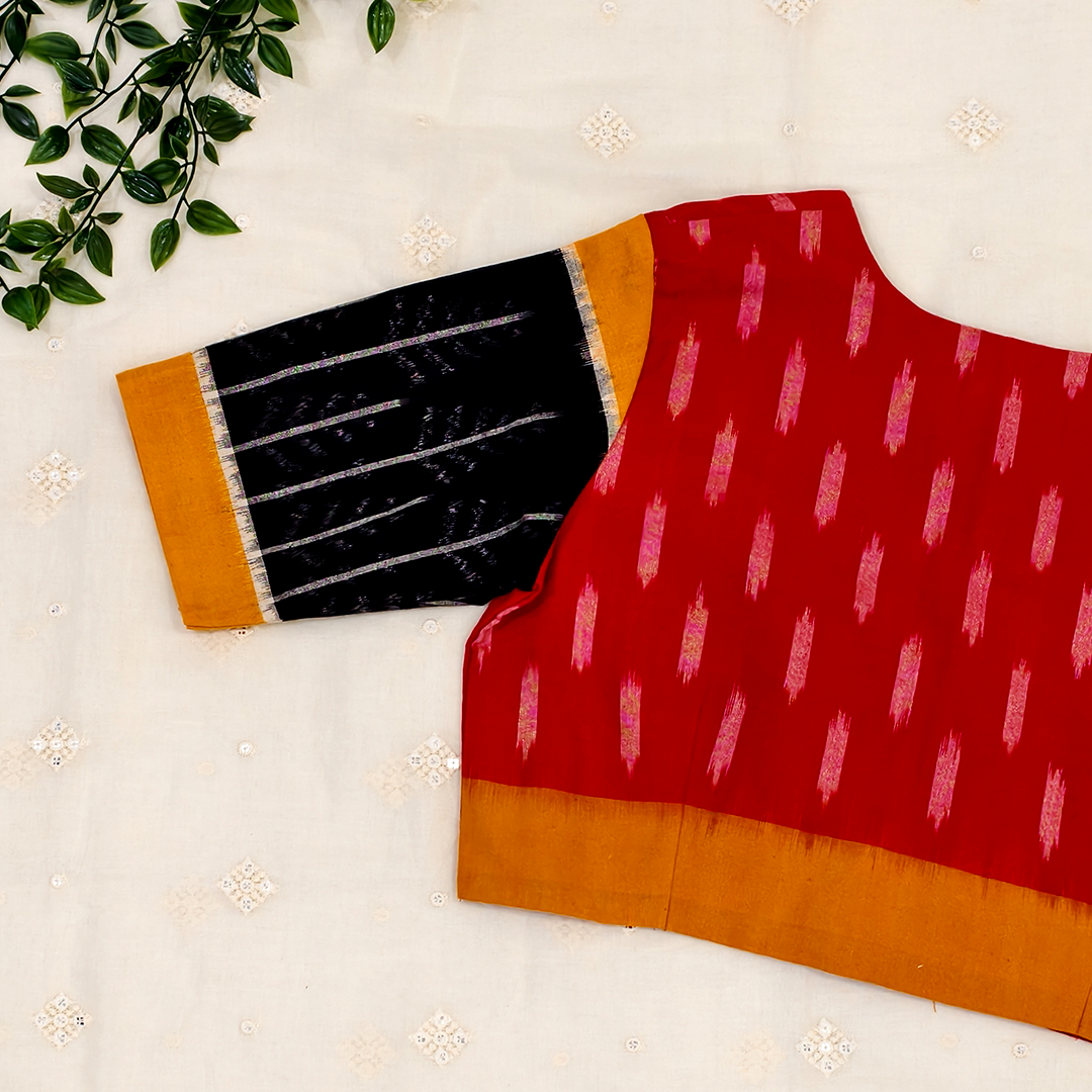 Buy Red Double Ikat blouse Black Sleeves| Godhuli