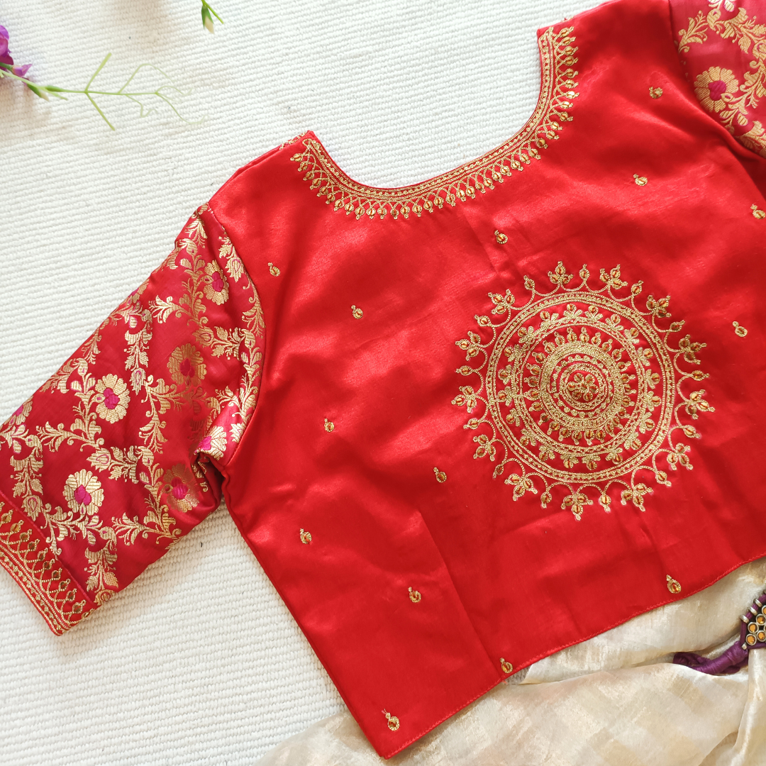 Red Gaji Silk Brocade Sleeves Aari Work Blouse