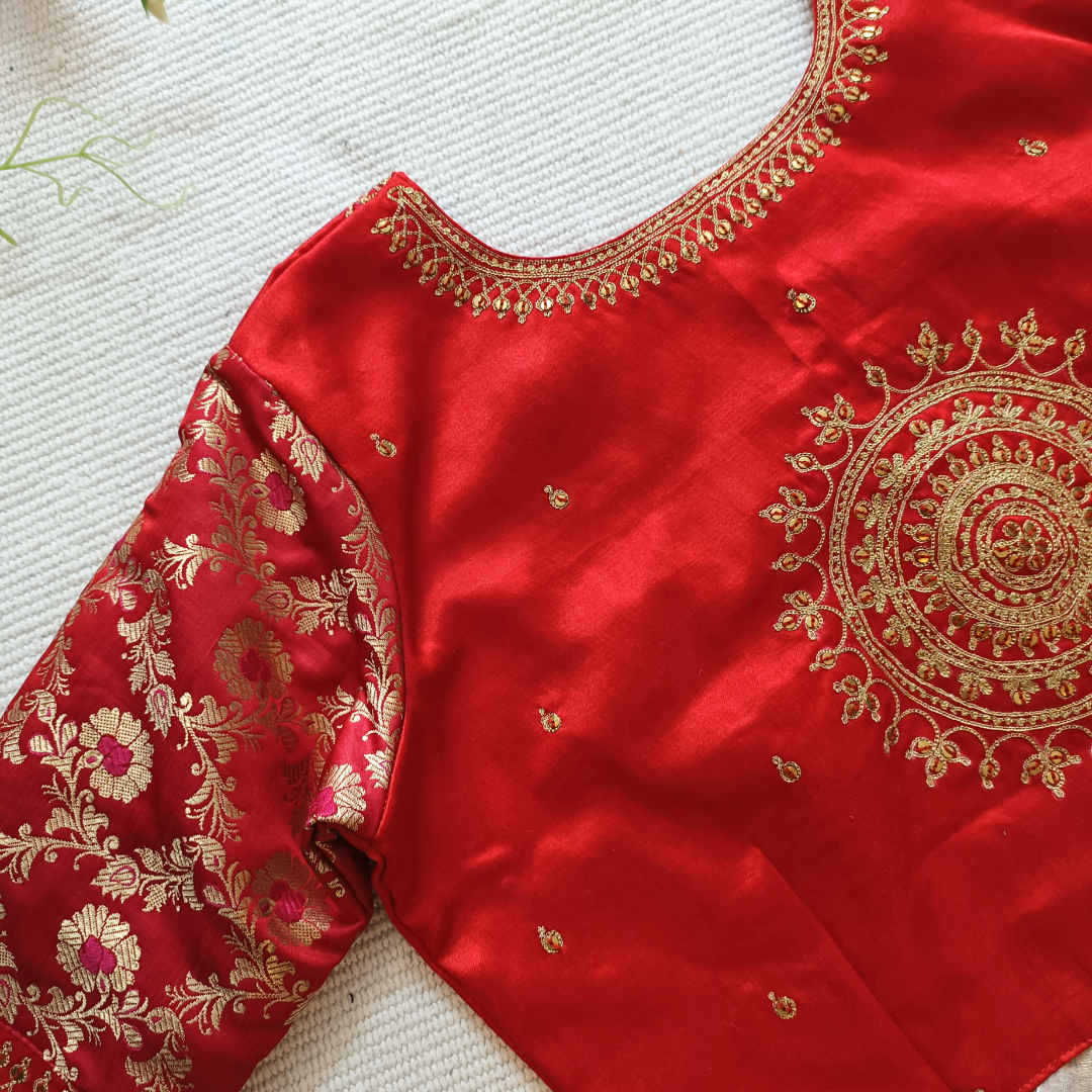 Red Gaji Silk Brocade Sleeves Aari Work Blouse