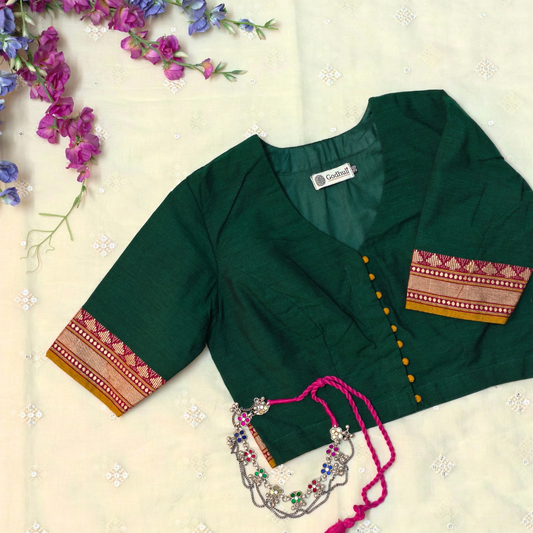 Buy Bottle Green Narayanpet Border Blouse| Godhuli