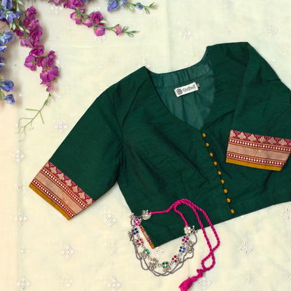 Buy Bottle Green Narayanpet Border Blouse| Godhuli