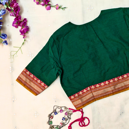 Buy Bottle Green Narayanpet Border Blouse| Godhuli