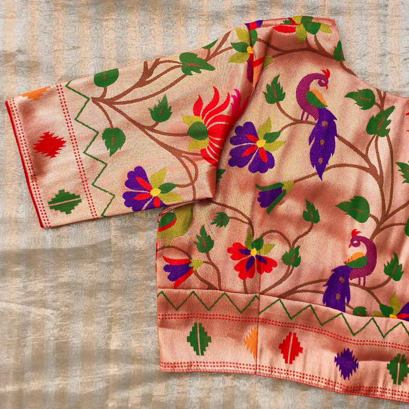 Golden Red Floral Jaal Motif Paithani Readymade Blouse | Godhuli