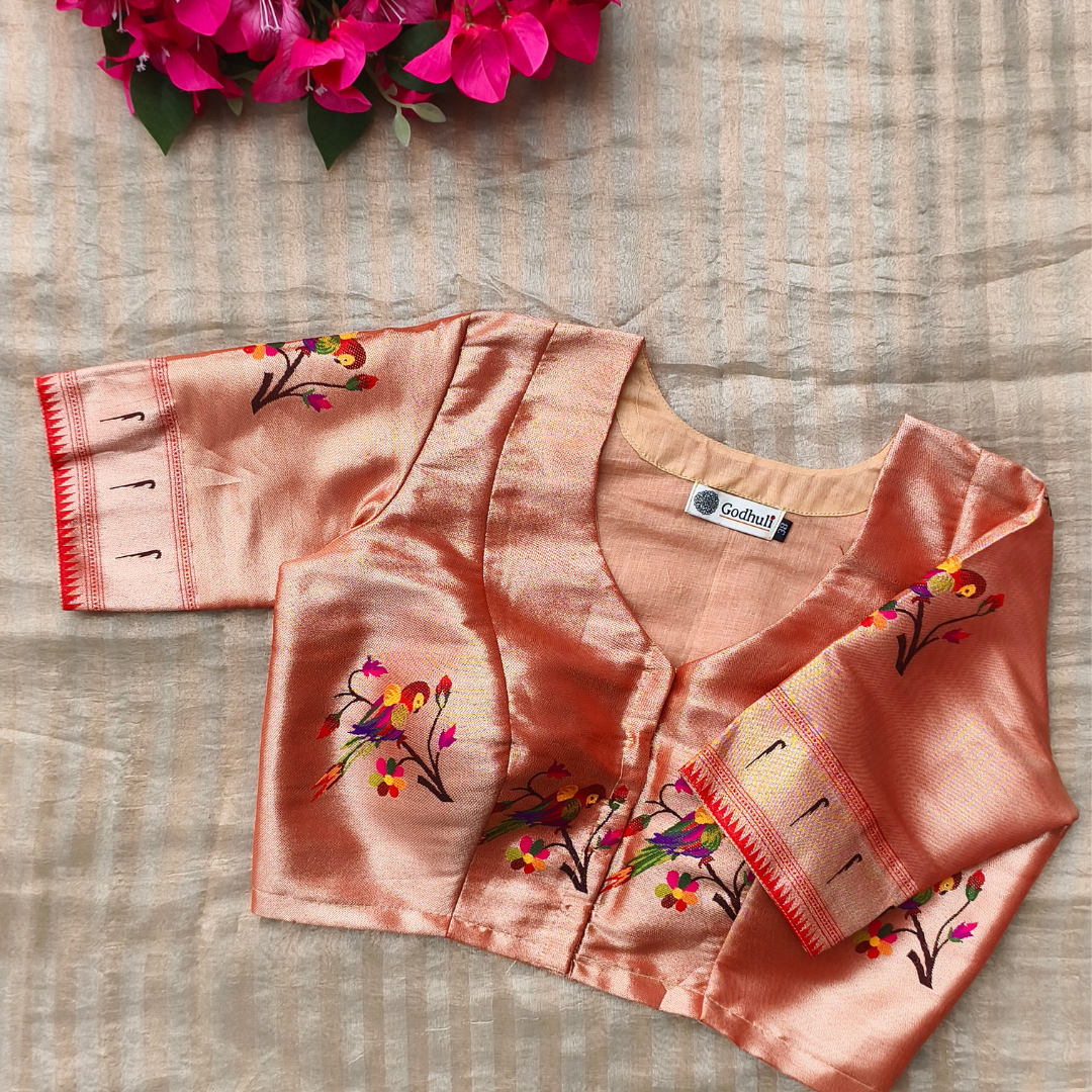 Golden Red Parrot Motif Paithani Readymade Blouse | Godhuli