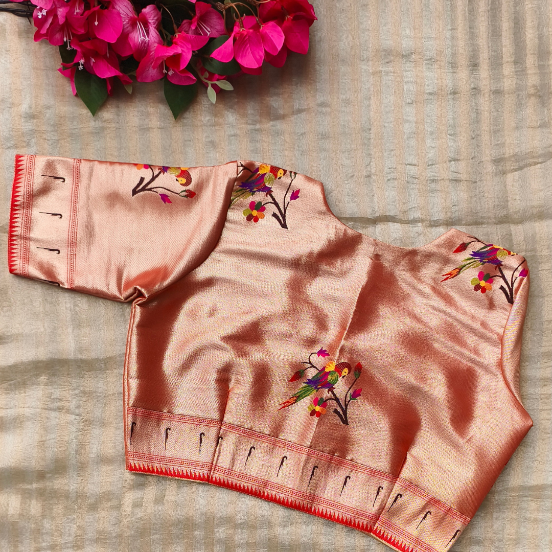 Golden Red Parrot Motif Paithani Readymade Blouse | Godhuli
