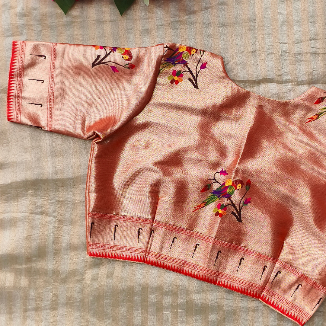 Golden Red Parrot Motif Paithani Readymade Blouse | Godhuli