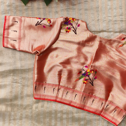 Golden Red Parrot Motif Paithani Readymade Blouse | Godhuli