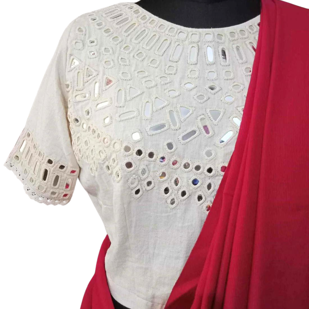 Ivory Blouse with Hand Embroidered Mirror Work