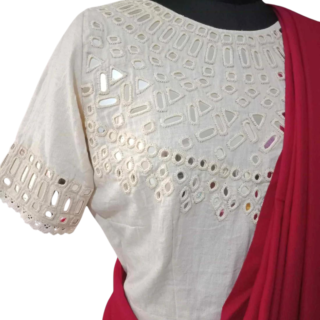 Ivory Blouse with Hand Embroidered Mirror Work