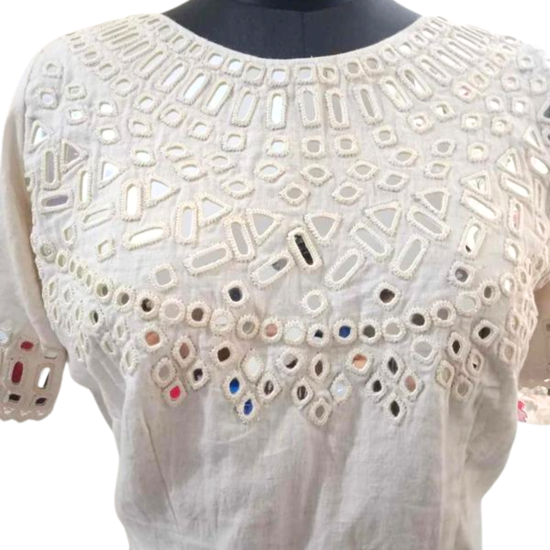 Ivory Blouse with Hand Embroidered Mirror Work