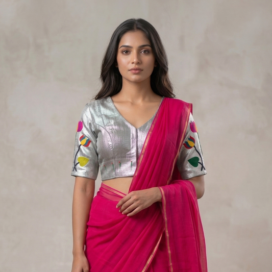 Silver Grey Lotus Paithani Readymade Blouse | Godhuli