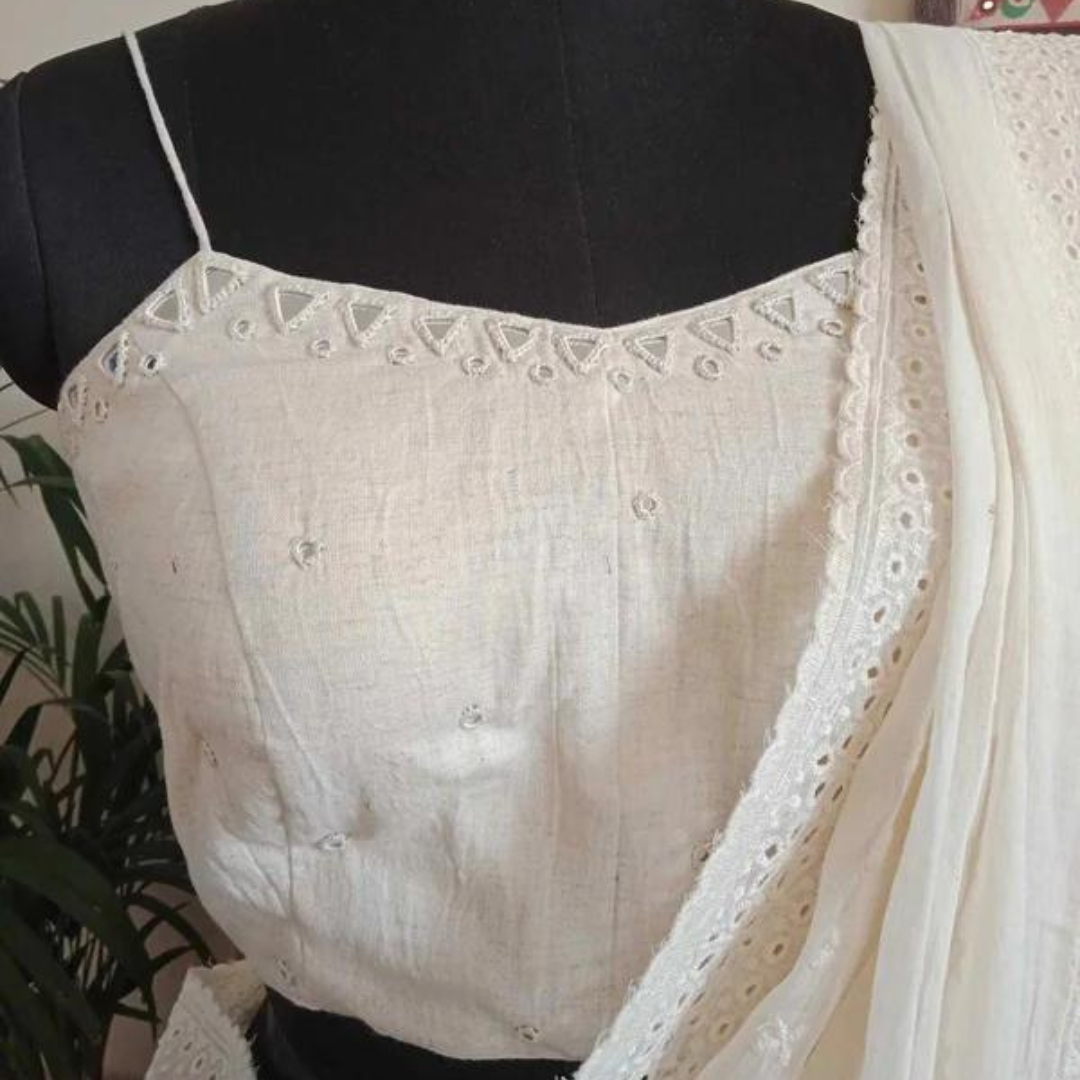 Ivory Backless Spaghetti Mirrorwork Blouse