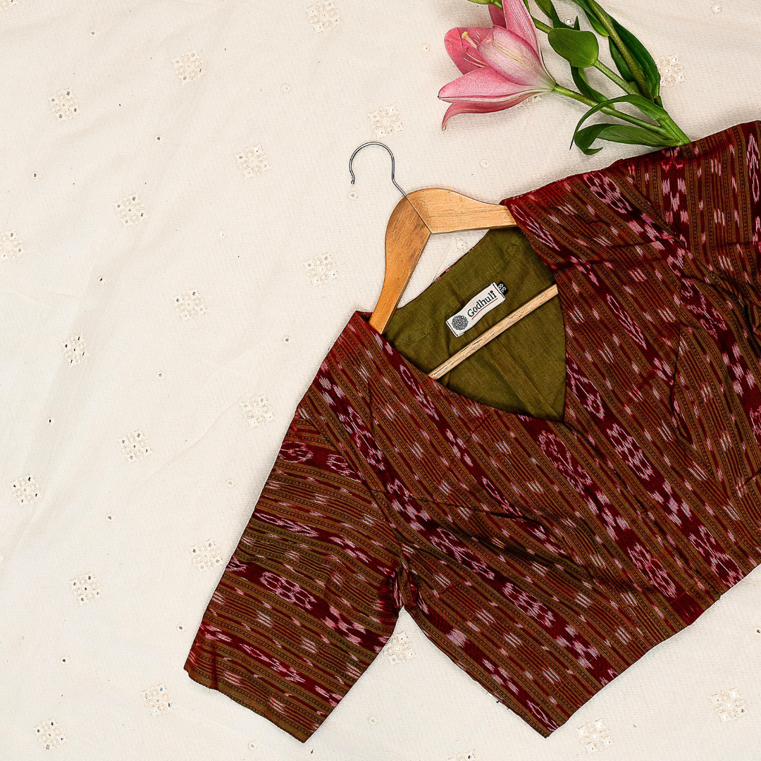 Maroon Green Mercerised Ikat Blouse