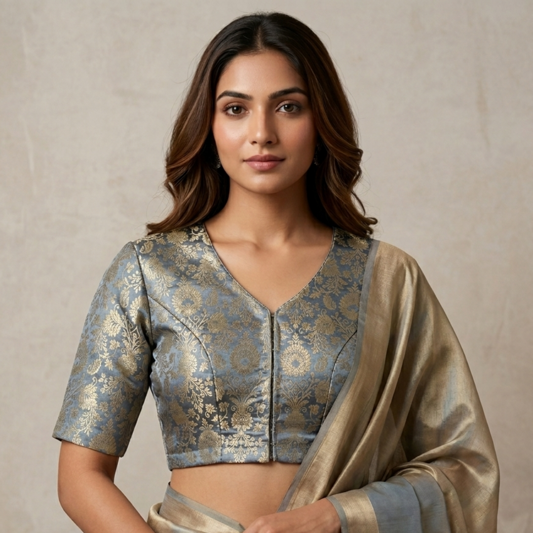 Ash Grey Banarasi Brocade Readymade Blouse