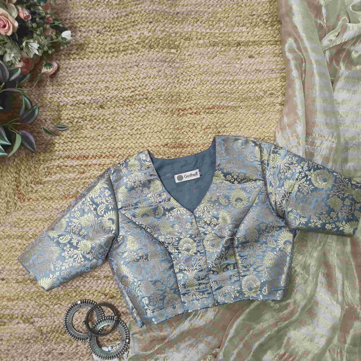Ash Grey Banarasi Brocade Readymade Blouse