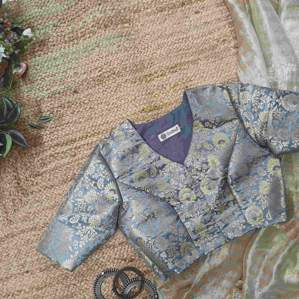 Ash Grey Banarasi Brocade Readymade Blouse
