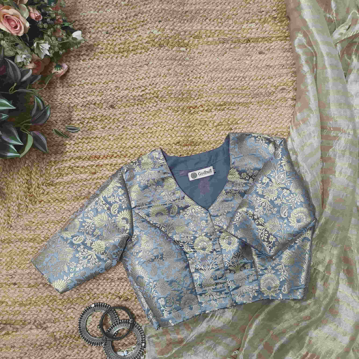 Ash Grey Banarasi Brocade Readymade Blouse