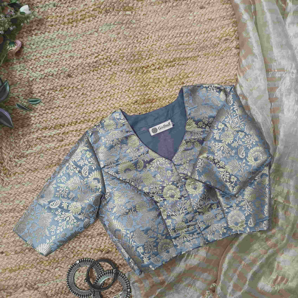 Ash Grey Banarasi Brocade Readymade Blouse