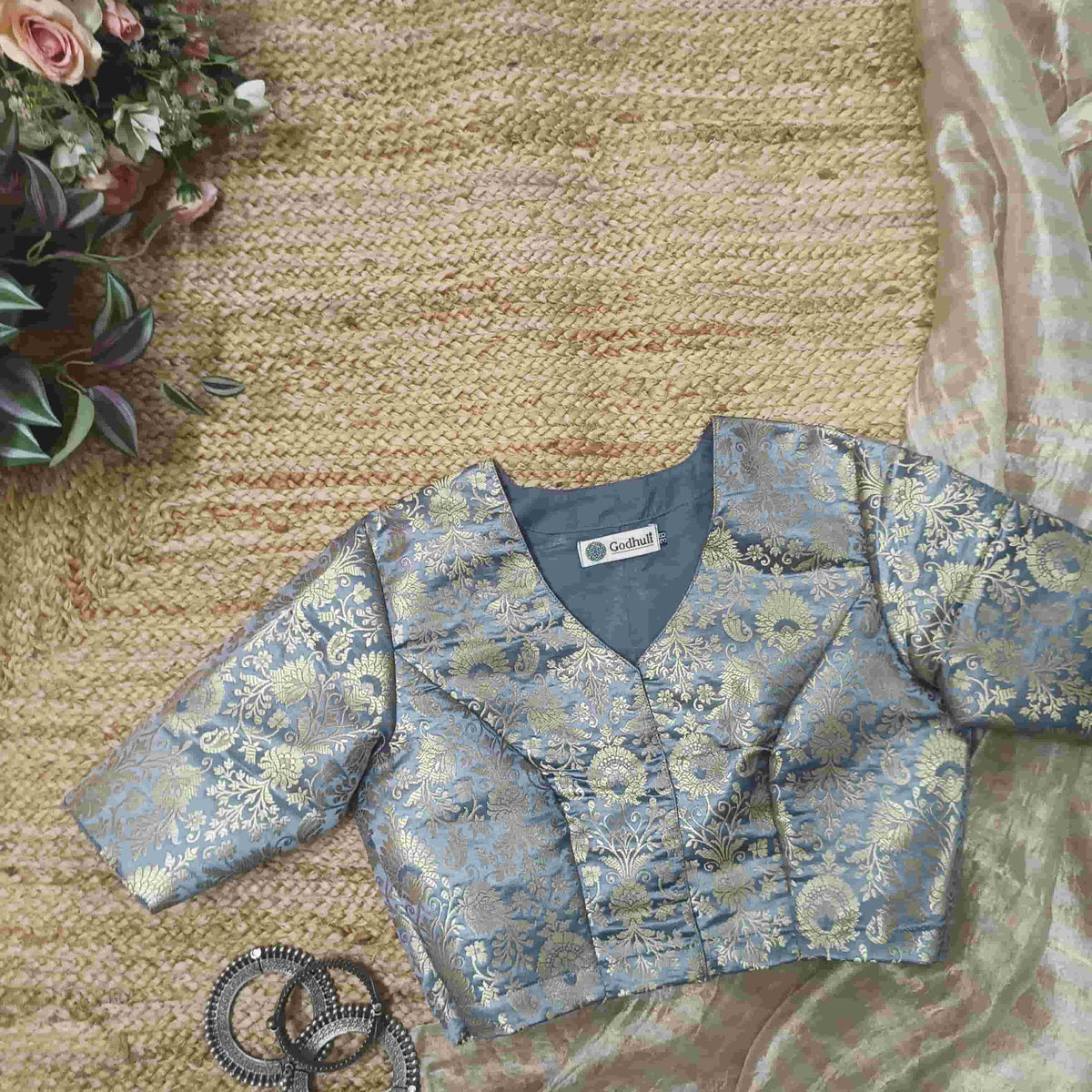 Ash Grey Banarasi Brocade Readymade Blouse