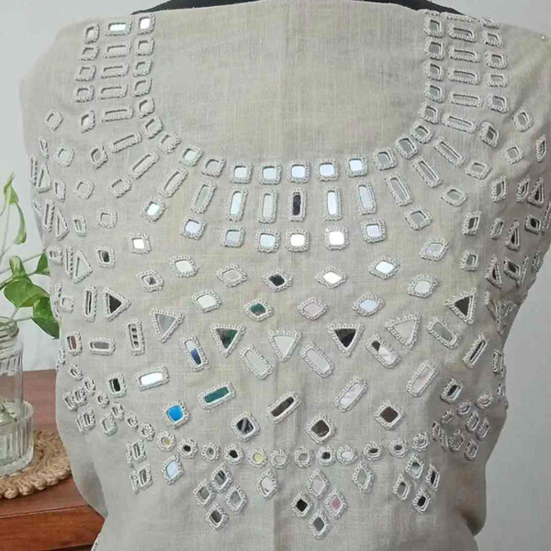 Beige Brown Real Mirrorwork Blouse Combo