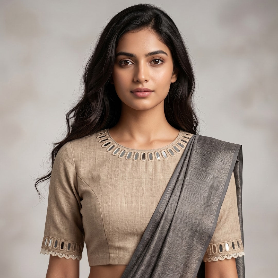 Beige Colour Khakhi Readymade Blouse with Mirror Work