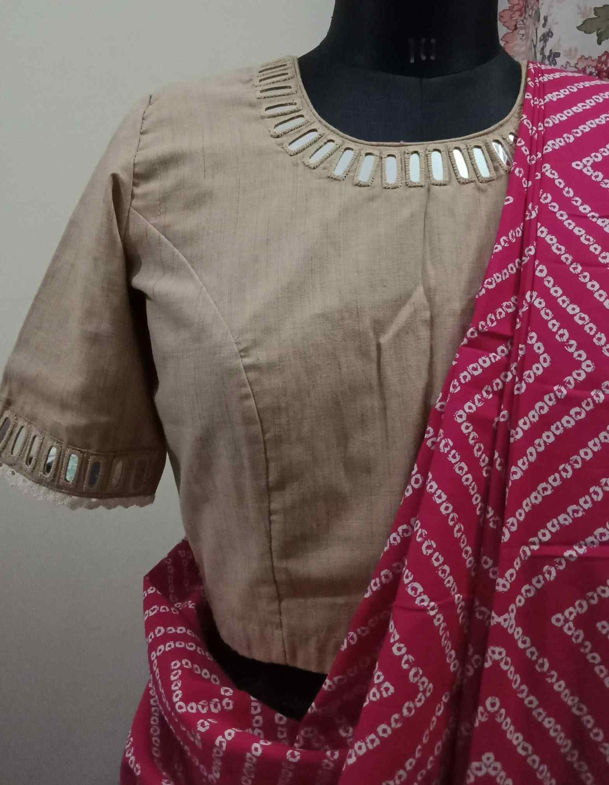 Beige Colour Khakhi Readymade Blouse with Mirror Work