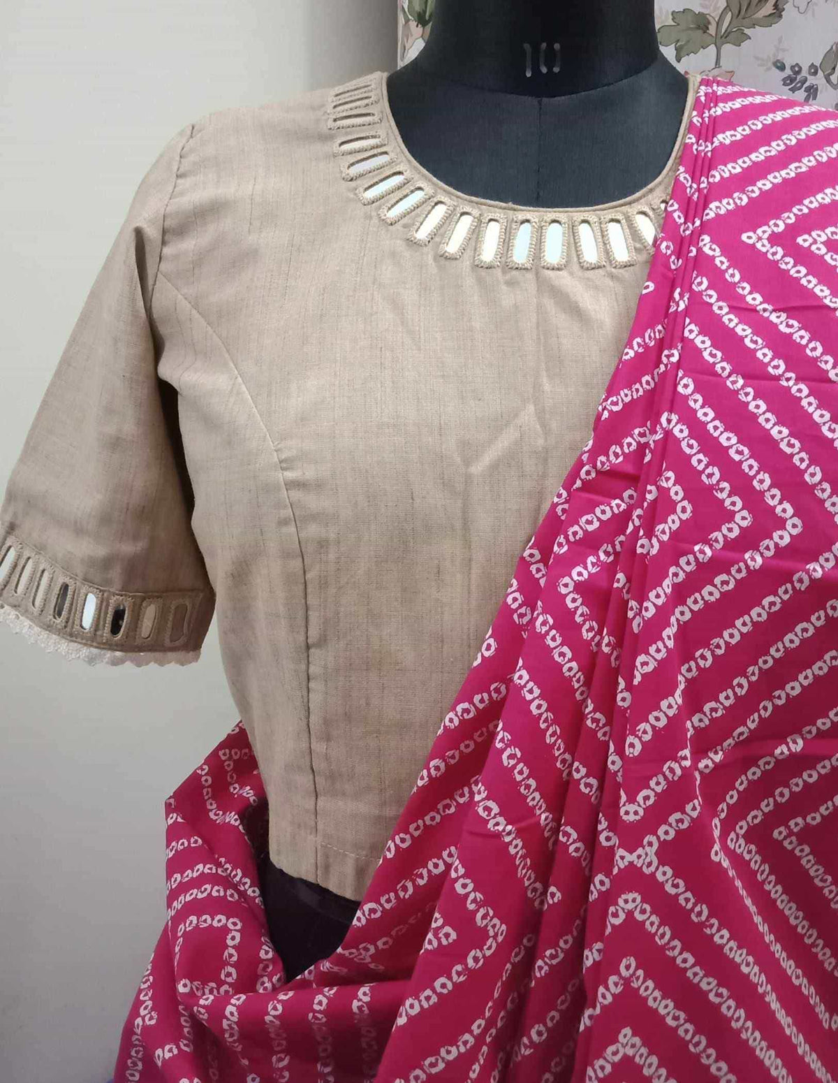 Beige Colour Khakhi Readymade Blouse with Mirror Work